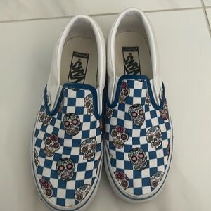Vans slip ons. Size 9. Blue checker with sugar skulls.
